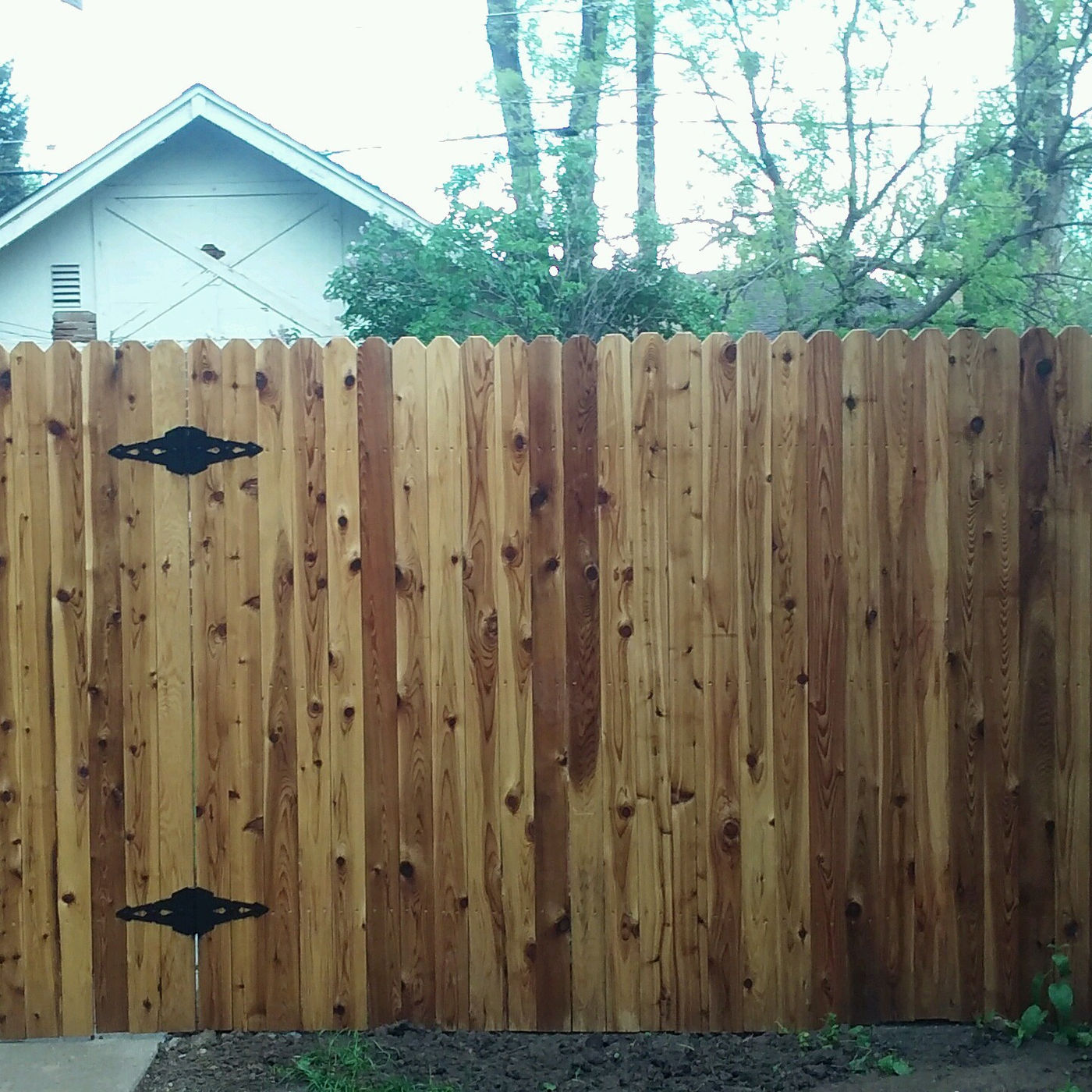 Wood privacy fence with a gated opening and black strap hinges